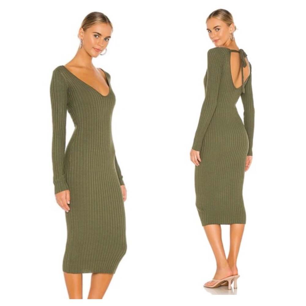 NBD Bekah Green Ribbed Midi Sweater Dress XS Deep V Neck Tie Back Long Sleeve